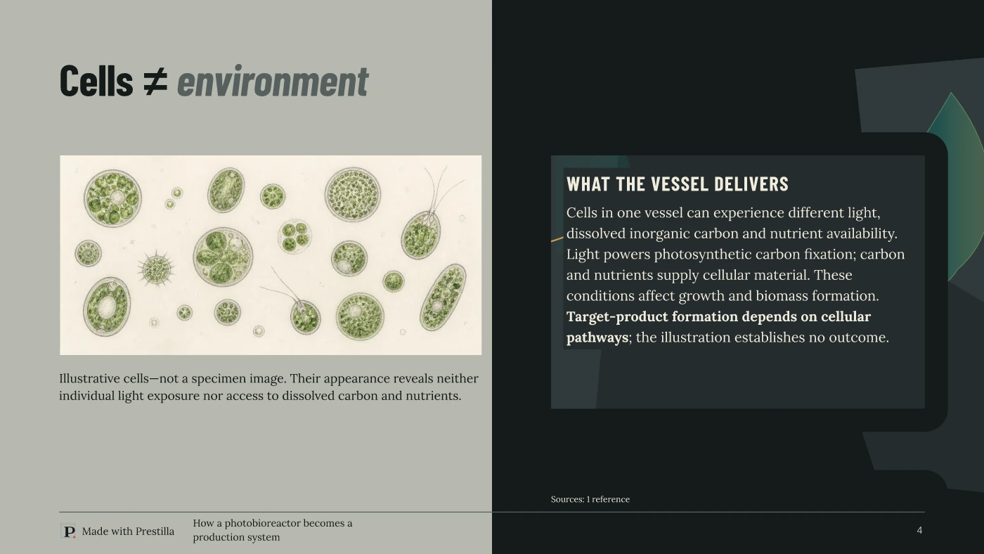 Basalt / Bloom design: slide 4 from How a photobioreactor becomes a production system. Actual Prestilla output from a generated theme.