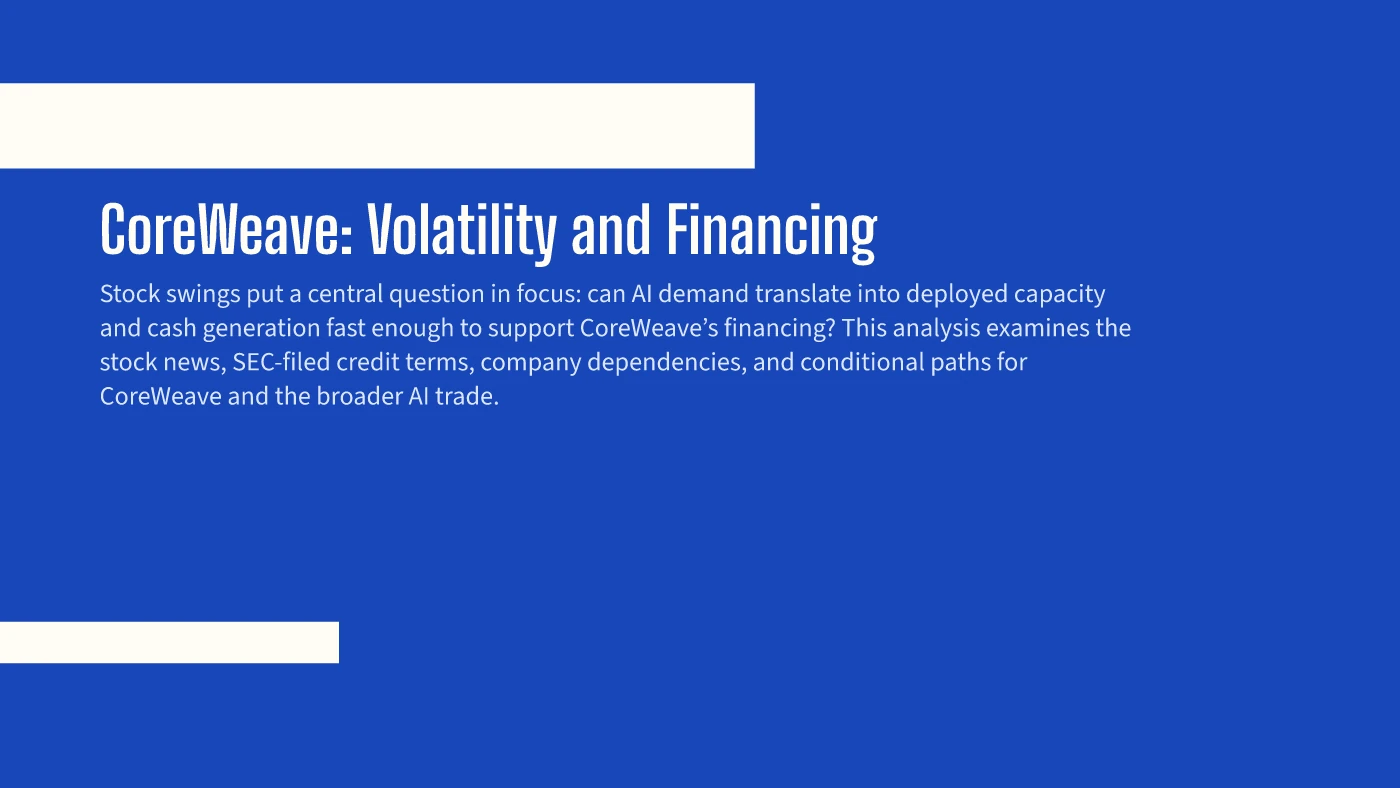 Directed Interval / Poster Ink design: slide 1 from CoreWeave: Stock Volatility, Credit Risk, and the AI Trade. Actual Prestilla output from a generated theme.