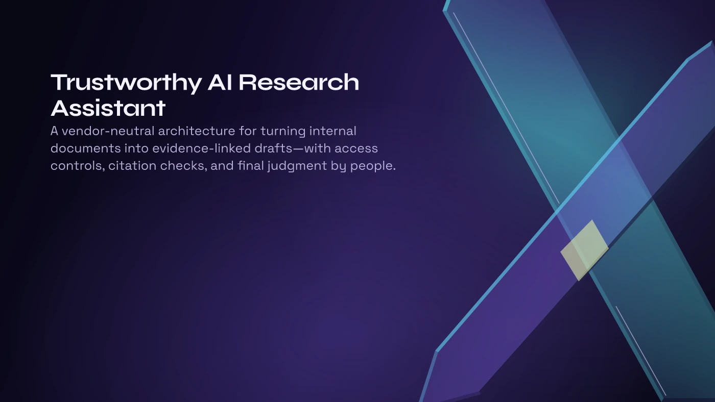 Prismatic Ledger design: slide 1 from The architecture of a trustworthy AI research assistant. Actual Prestilla output from a generated theme.
