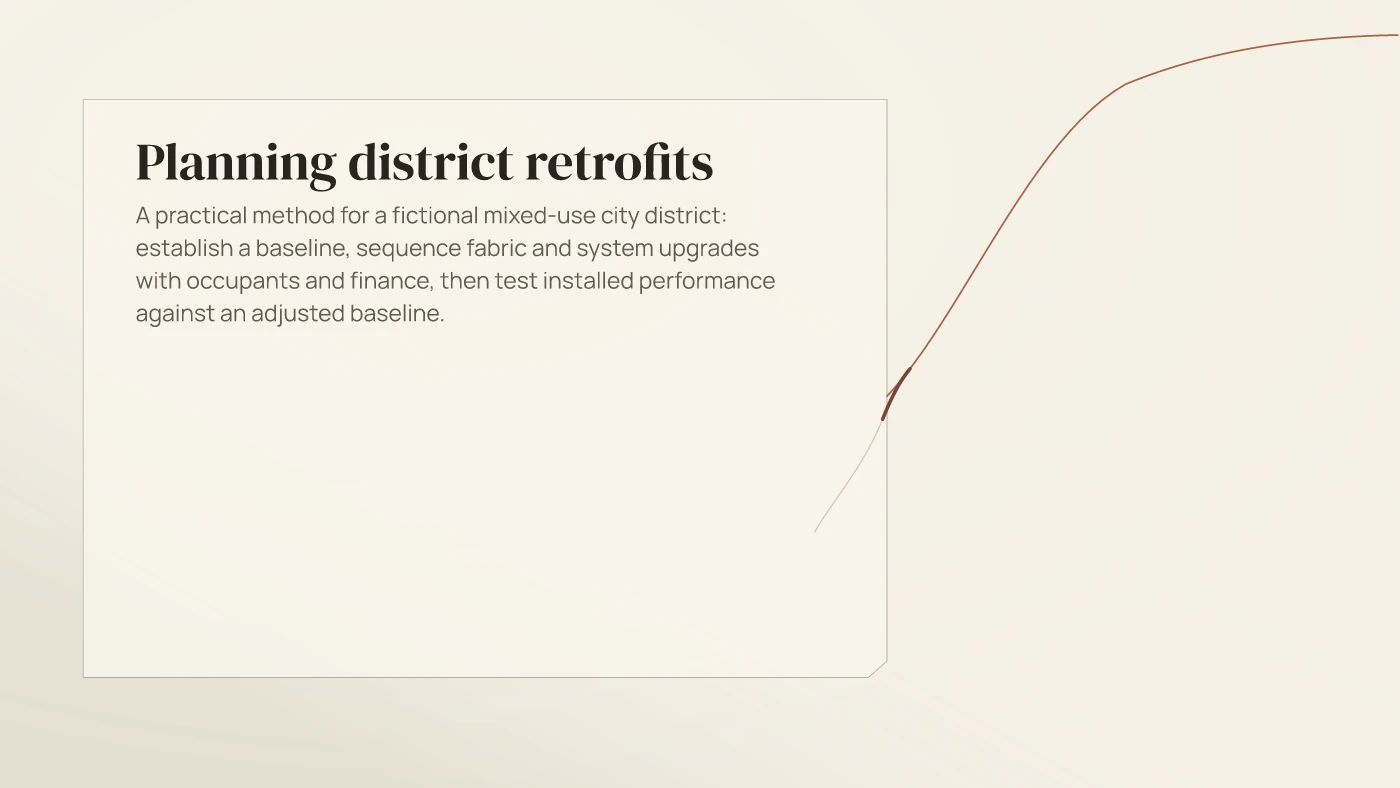 Vellum / Copper design: slide 1 from Planning a deep energy retrofit for a city district. Actual Prestilla output from a generated theme.