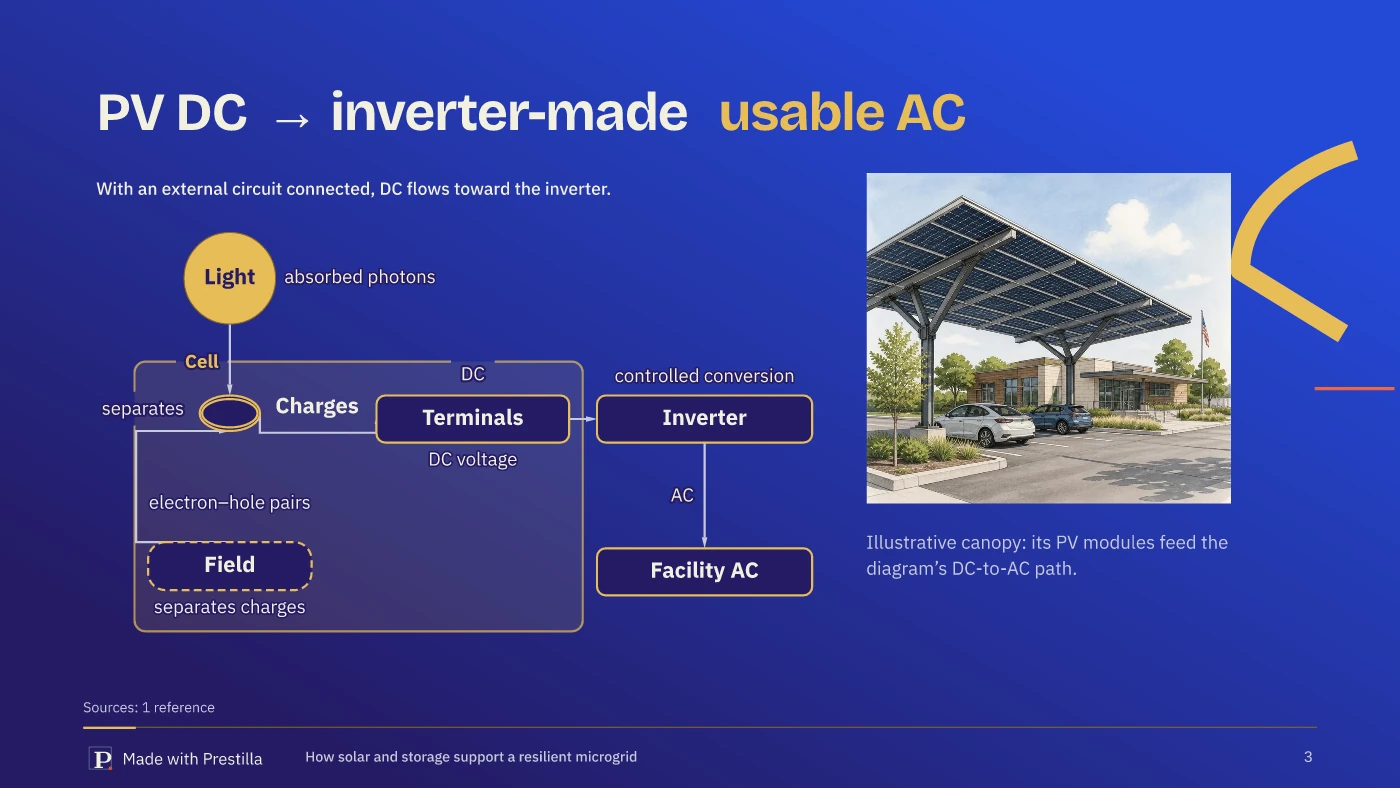 Solar Counterform: A PV cell makes DC; an inverter makes usable AC. Actual Prestilla native render; illustrative microgrid example.